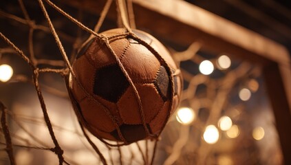 Soccer Ball Embedded in Netting in Warm Indoor Setting
