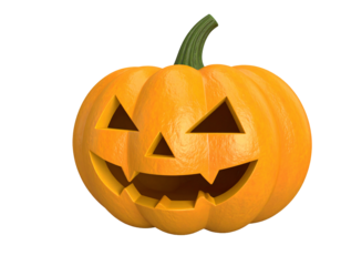 Carved orange pumpkin with a green stem isolated on a transparent background jack-o-lantern