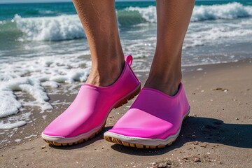 Fototapeta premium Vivid Pink Beach Shoes on a Sunny Shoreline with Ocean Waves