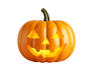 Carved orange pumpkin with glowing face isolated on a transparent background jack o lantern