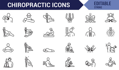 Icon set featuring chiropractic care techniques, including spinal adjustments and body therapy.