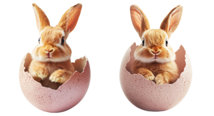 Adorable fluffy bunny peeking out from cracked egg isolated on white transparent background. Symbolizing Easter, spring, and new beginnings