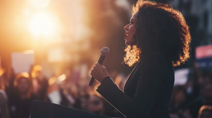 Woman with Afro Speaks Passionately into Microphone at Sunset Rally