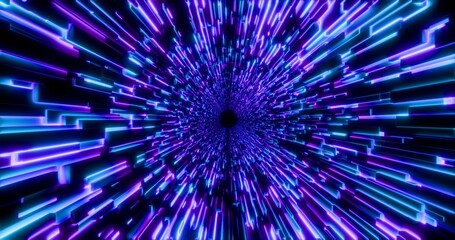 Futuristic glowing neon waving rotate cube background. Shining geometric purple lines inside cylinder in perspective. Bright retro digital cyberspace. 3D rendering.