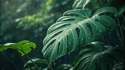 Close up of monstera leaves in the rain with water droplets and a blurred green background outdoors