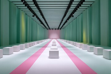 Modern Event Space with Pink and Green Curtain Walls and Seating