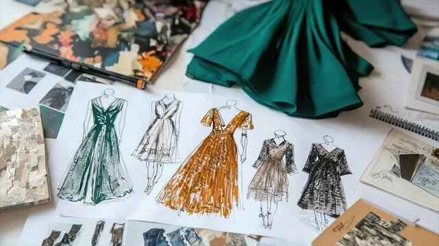 Fashion design sketches of elegant dresses, fabric swatches, and inspiration boards