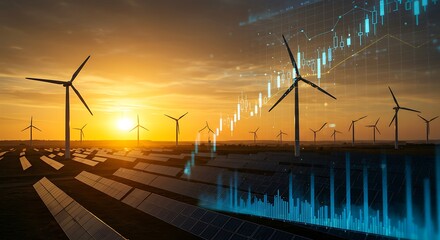 Renewable Energy Investment Growth at Sunset Over Solar and Wind Farm