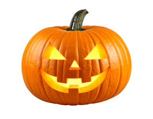 Glowing Jackolantern Halloween Pumpkin isolated on a transparent background carved