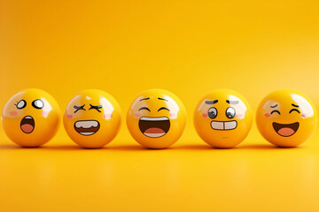 A vibrant and playful showcase celebrating World Emoji Day. The image features a variety of expressive yellow emoji faces with accessories such as sunglasses, hearts, tears, glasses, and big smiles. S