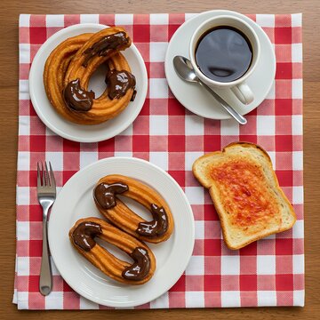 Spanish breakfast spread: churros with chocolate, a small plate of Tostada con Tomate (toast with tomato), and a cup of strong coffee, all arranged on a checkered tablecloth on a wooden table.