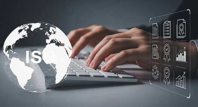 Hands typing on keyboard with global iso certification icons and earth graphic