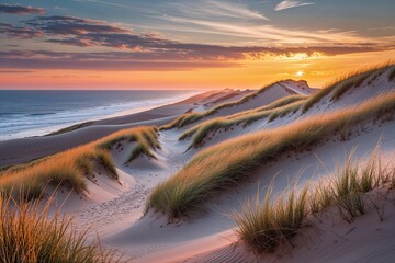 Breathtaking Sunset Views of Scenic Dunes Along the North Sea Coastline
