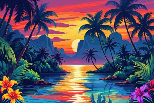 Lush Tropical Paradise Vector Illustration with Stunning Sunset Background