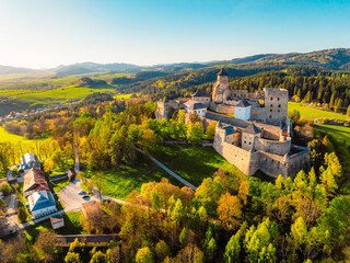 Slovakia landscape and panoramic sunny day view of Tatras mountain and Stara Lubovna castle
