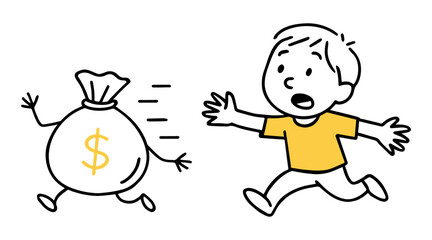 Boy Chasing Money Bag. Finance, Debt, Economy, Investment, Humor, Stress, Finance Fear, Money Problems Concept. Hand-Drawn Doodle Style Line Vector Illustration.