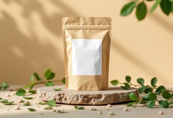 Brown kraft pouch with blank label on stone slab and foliage