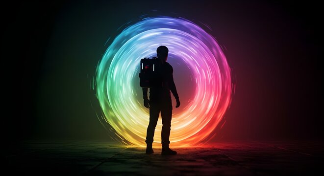 Silhouette of a time traveler with a high-tech backpack entering a portal