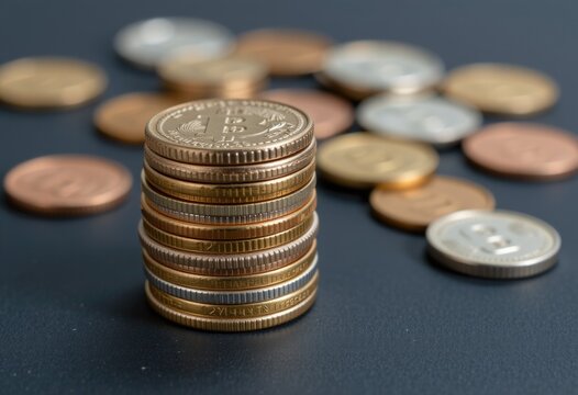 Stack of bitcoin coins with scattered currency - Powered by Adobe