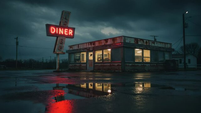 Atmospheric Neon Diner Scene on Rainy Evening, evoking a sense of nostalgia and solitude with