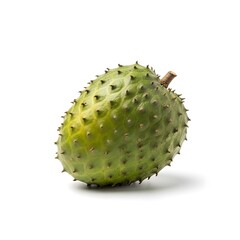 A single, whole soursop fruit with a spiky green skin, isolated on a white background.