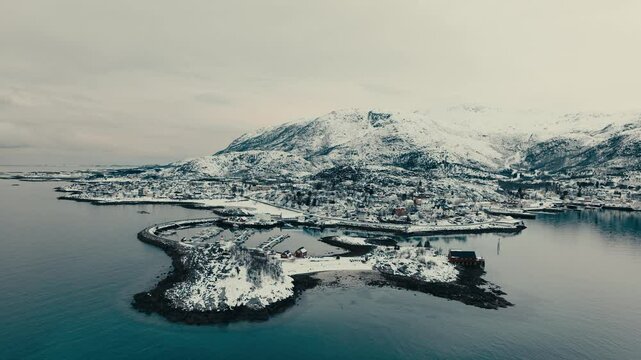 Lodingen Municipality And Marina During Winter In Hinnoya Island, Nordland, Norway. - aerial shot