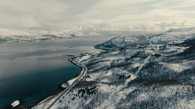 Coastal Mountainside Road Near Lodingen In Lofoten Island In Norway. Aerial Drone Shot