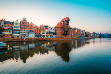 Gdansk with Motlawa river in Poland. Old town colourful house with Zuraw or crane