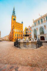 Gdansk with Motlawa river in Poland. Old town colourful house with saint Marys church i main square.