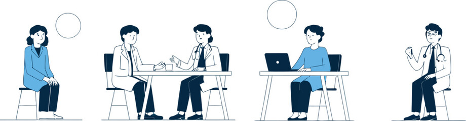 Illustration depicting various medical scenarios including consultation and telemedicine scenes