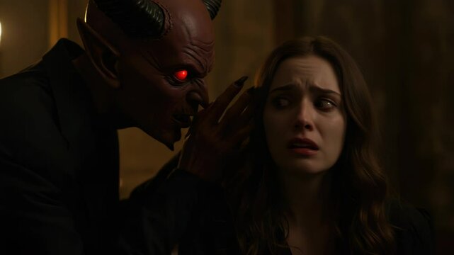 Dark encounter with a demonic entity whispering secrets to a distressed woman in a tenebrous setting