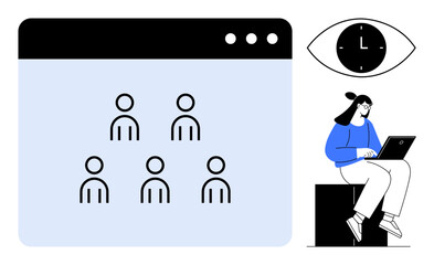 Network of users inside browser window, clock within eye graphic, person working on laptop. Ideal for teamwork, remote work, productivity, time tracking, virtual meetings, user interface simple flat