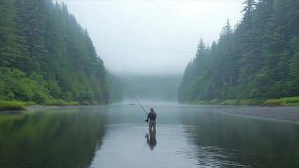 Solitary angler fly fishing in a misty, forested river