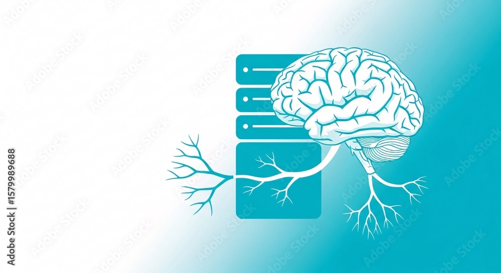 Poster artificial intelligence brain connected to data servers illustration