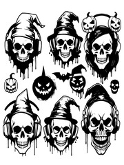 A set of eerie and playful Halloween-themed illustrations featuring skulls with unique expressions and accessories, such as headphones, caps, and pumpkins.