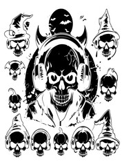 A set of eerie and playful Halloween-themed illustrations featuring skulls with unique expressions and accessories, such as headphones, caps, and pumpkins.