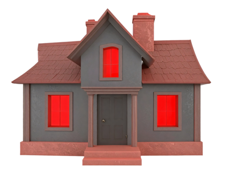 Gray house with red windows and red roof isolated on a transparent background home