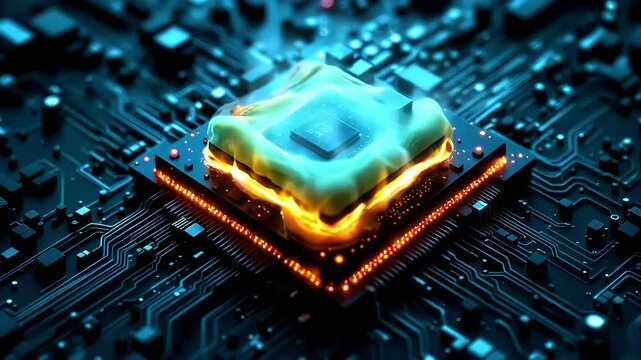 A macro close-up of a green computer circuit board with a processor, showcasing essential digital electronics hardware and semiconductor components high-quality animation video