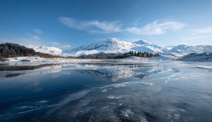 Obraz premium Snowy Mountain Landscape with Frozen Lake Under Clear Blue Sky in Winter
