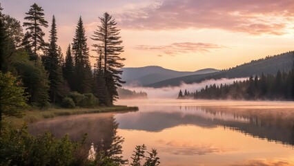 Fototapeta premium A serene lake reflecting the soft light of dawn surrounded by evergreen trees and distant mountains