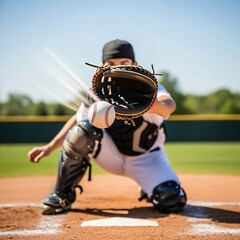 Obraz premium baseball catcher in action, low to the ground in a ready stance, with a glove on a baseball field.