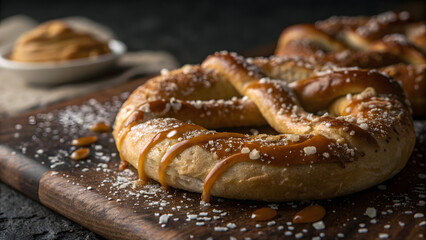 Golden Pretzel Delight: A mouthwatering image of a freshly baked pretzel glistening with coarse salt and a caramel drizzle, nestled alongside a creamy dip.