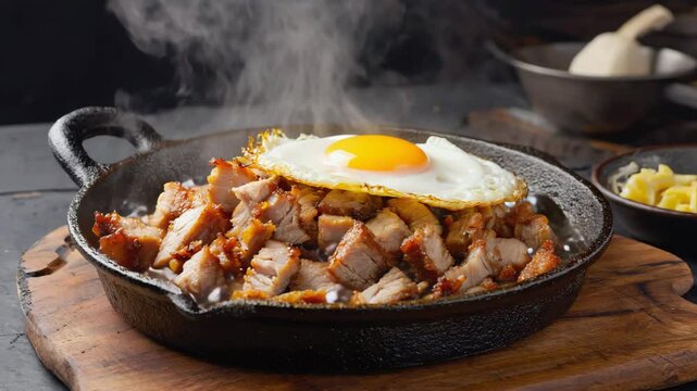 Sisig, Filipino dish, Sizzling pork sisig served with egg on top, Golden and crispy pork with a soft yolk, Dim light with sizzling sounds, Flavorful and smoky
