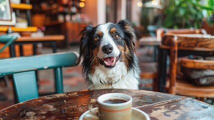 Happy dog sitting at a wooden table in a pet-friendly cafe, with a cup of coffee in front, showcasing a warm atmosphere and inviting ambiance for pet lovers