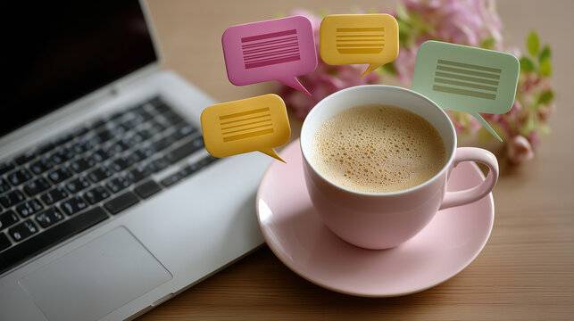 Flatlay workspace with laptop coffee notes and shopping icons