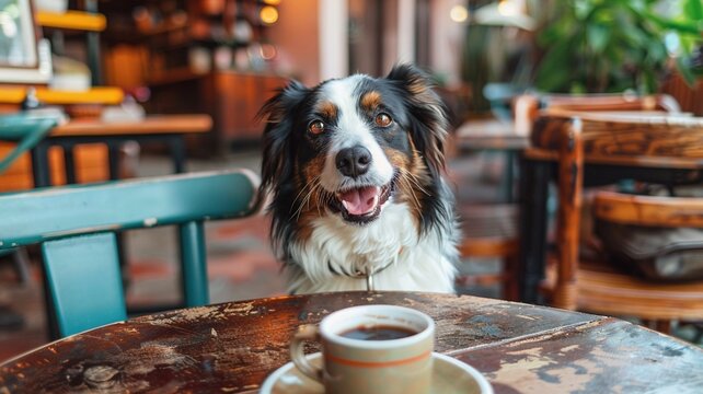 Happy dog sitting at a wooden table in a pet-friendly cafe, with a cup of coffee in front, showcasing a warm atmosphere and inviting ambiance for pet lovers