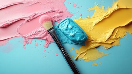 Vibrant makeup pigments and a brush on a light blue surface.