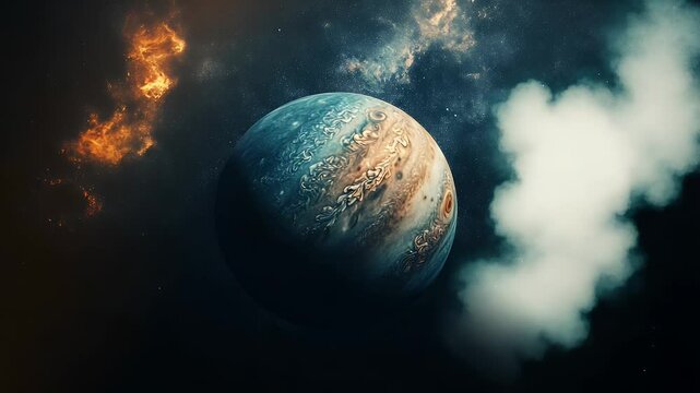 Jupiter in the cosmos, swirling clouds against a dark backdrop of stars and nebulae