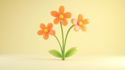 Naklejka premium Three cartoon flowers on a pale yellow background