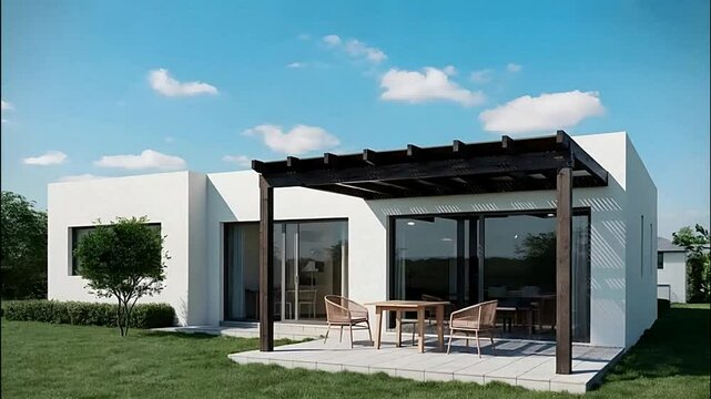 Modern white house with outdoor patio under the blue sky.